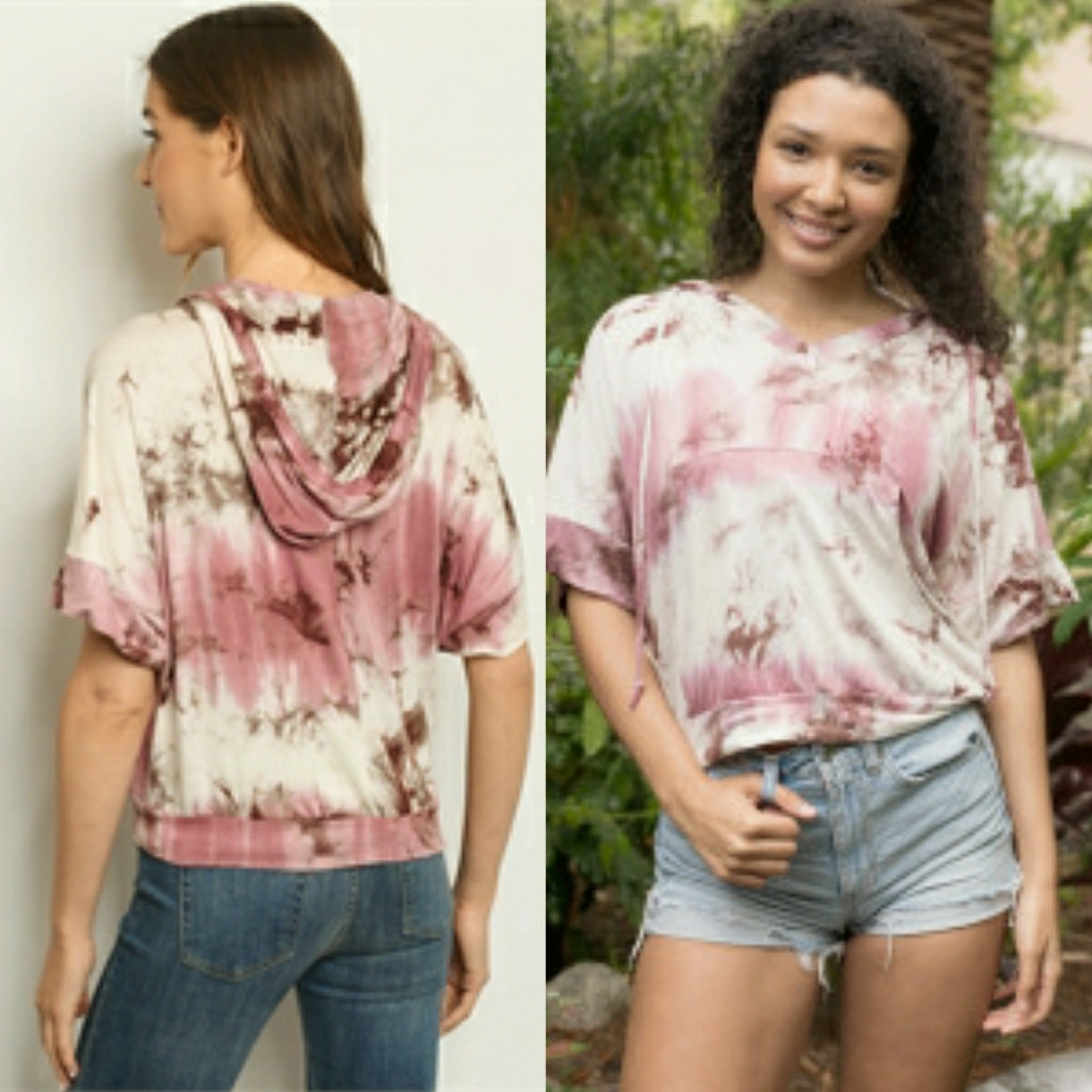 Short Sleeve Banded Tie Dye Lightweight Hoodie - Picture 2 of 5